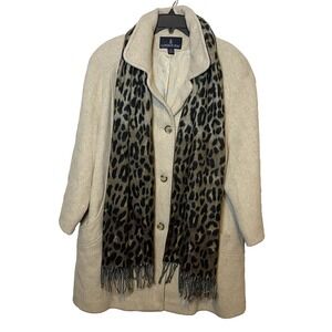 London Fog Women's Coat Wool Blend Cream Beige Heather Bonus Cheetah Scarf Sz 20